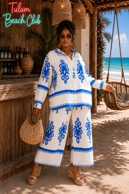 Plus Size Wide Leg Pant Set : Alluring Coastal Crush