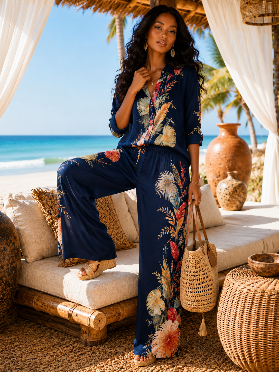 Tropical Leaf Wide Leg Pant Set: Ocean Aura