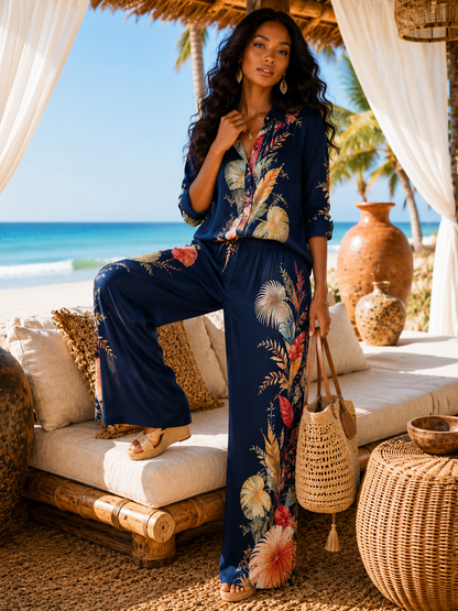 Tropical Leaf Wide Leg Pant Set: Ocean Aura