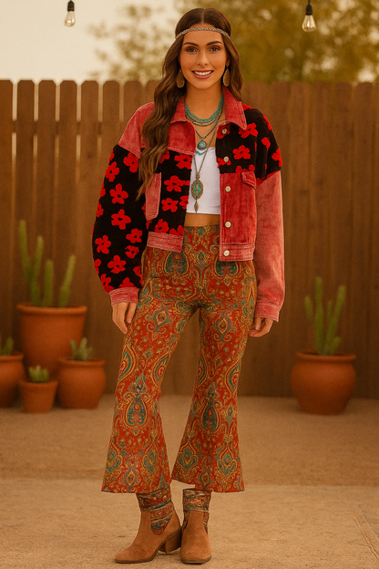 Boho Fleur Rouge Long Sleeve Button Closure Front Pockets Sherpa Corduroy Jacket