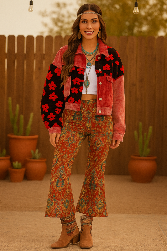 Boho Fleur Rouge Long Sleeve Button Closure Front Pockets Sherpa Corduroy Jacket