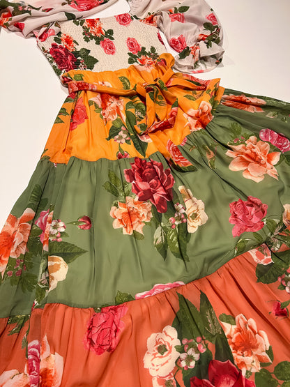 Tiered Midi Dress With Sleeves: Garden of Roses Floral Print