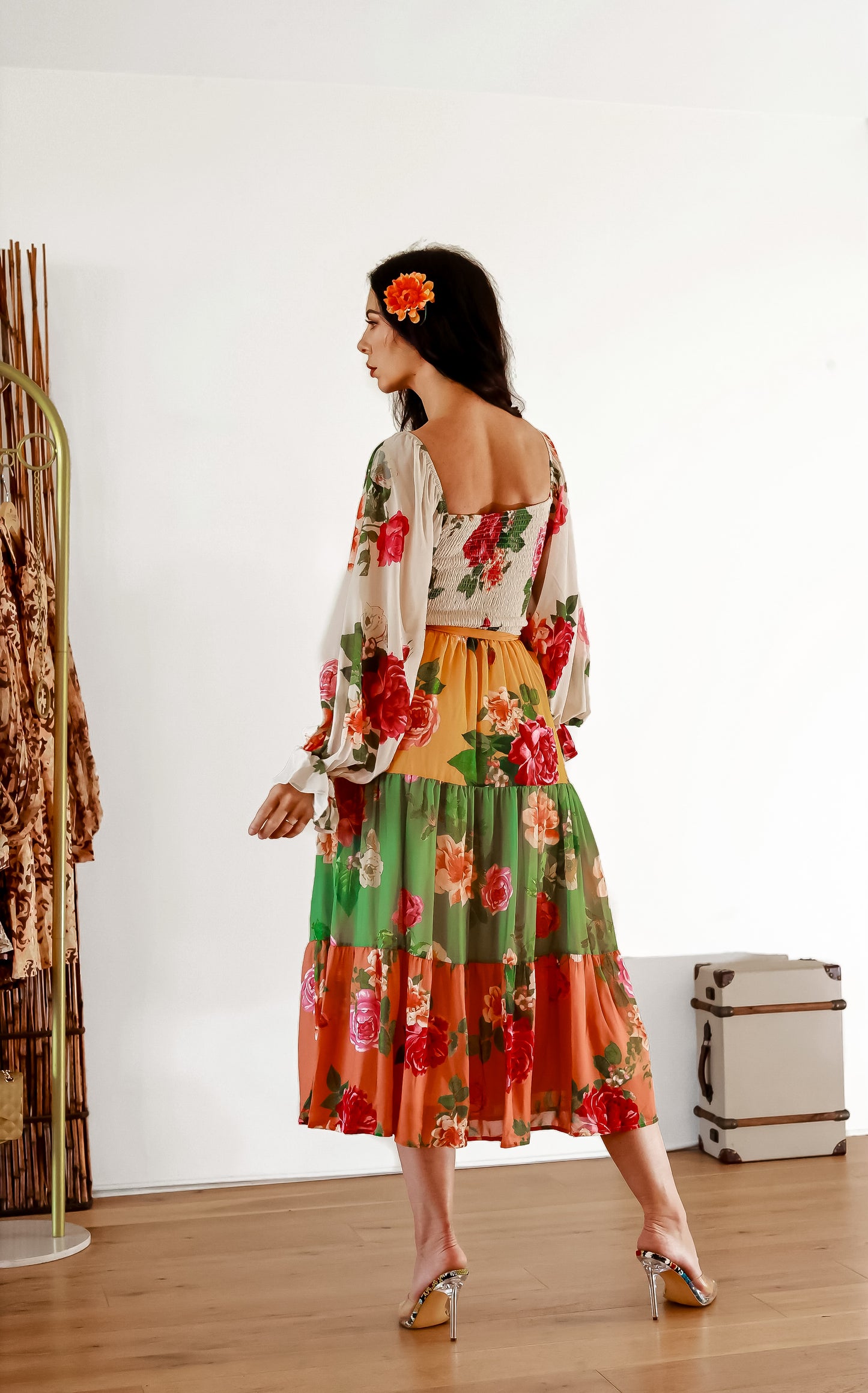 Tiered Midi Dress With Sleeves: Garden of Roses Floral Print