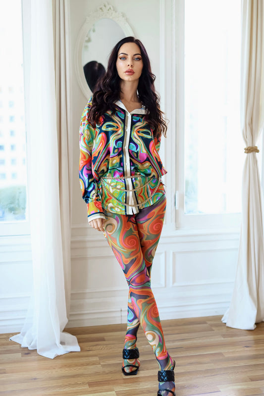 Button Down Shirt and Mesh Leggings Set: Rule Breaker Printed Scarf