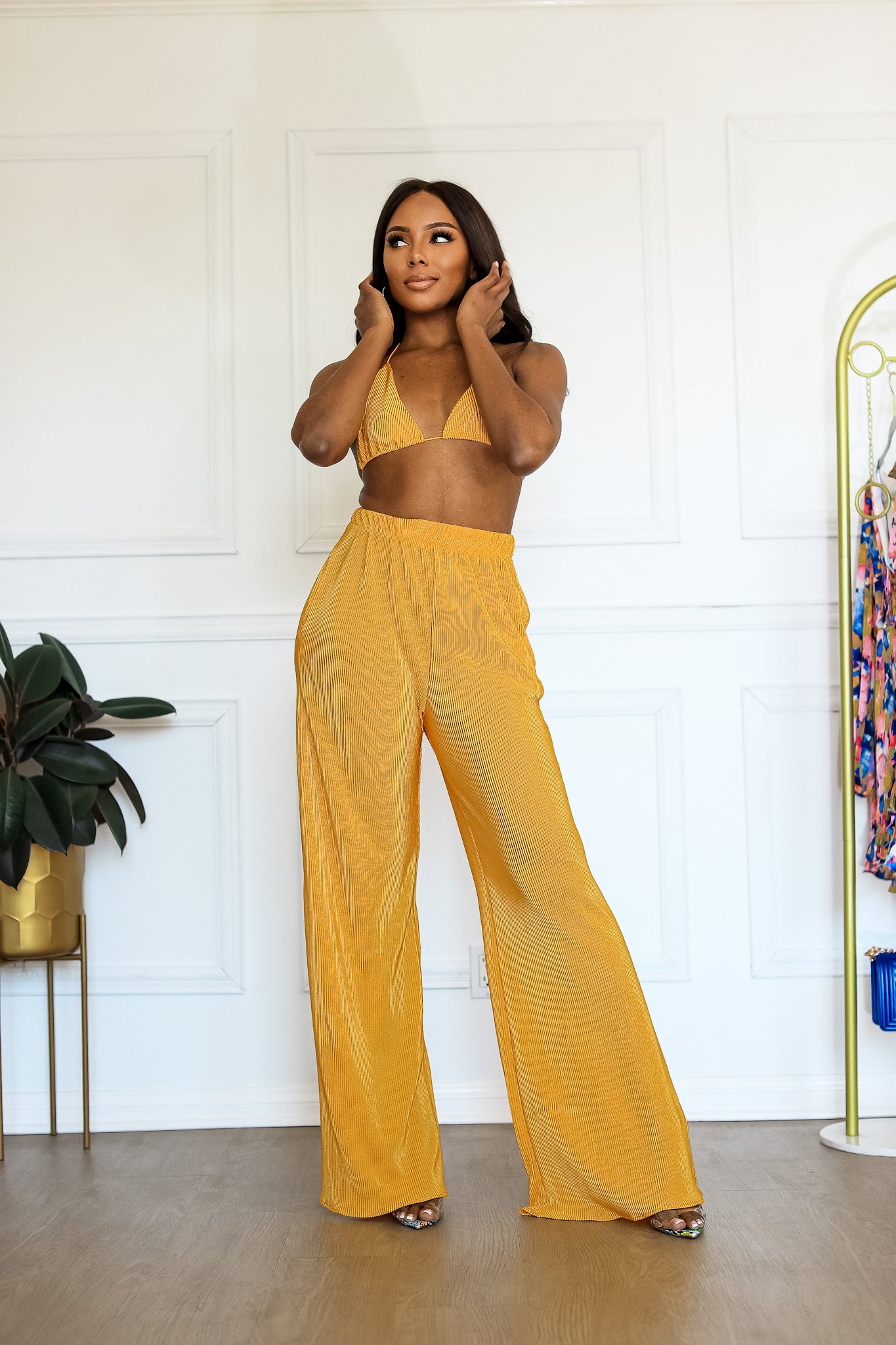 Plisse Pant Set: Seaside Soiree 2 Piece Pleated Set in Yellow