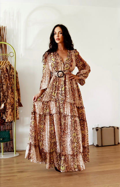 Snake Print Maxi Dress: Wild Savannah With Slit And Long Sleeves