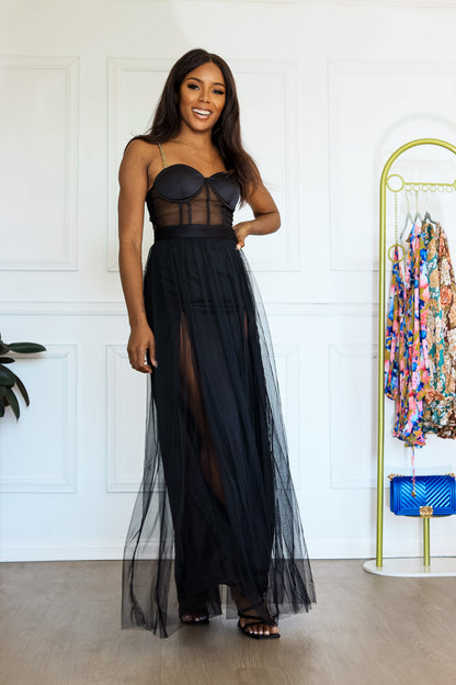 Black Corset Tulle Dress: Midnight Allure Mesh Fabric & Chain Strap