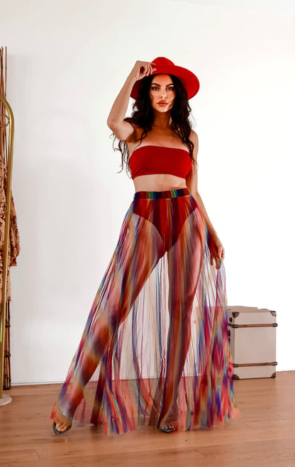 Maxi Sheer Skirt: Diva Energy Rainbow Pleated With Bandeau Top