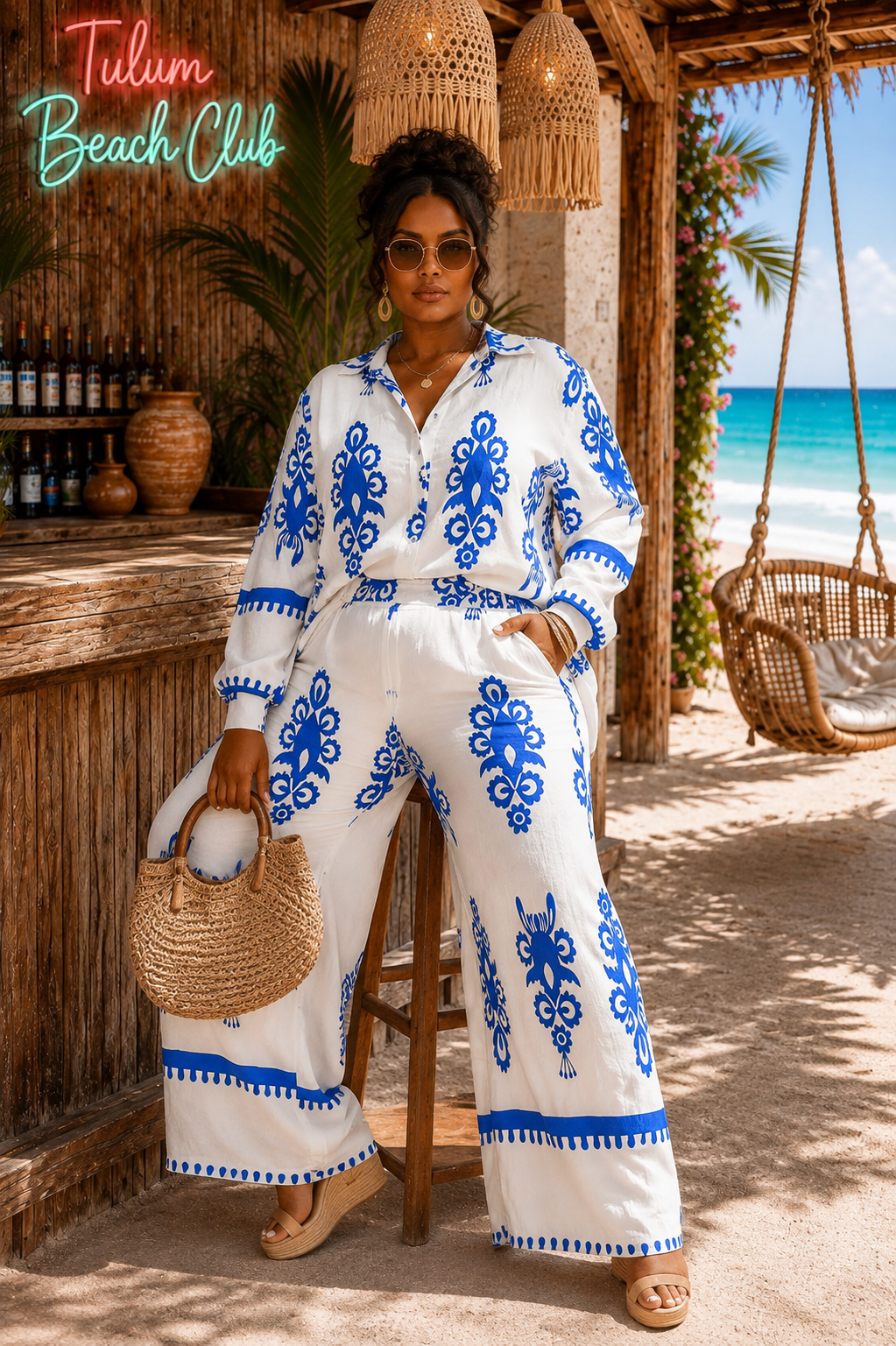 Plus Size Wide Leg Pant Set : Alluring Coastal Crush