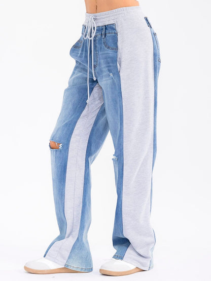 Boho Elastic Waist Pockets Distressed Contrast Wide-Leg Denim Pants