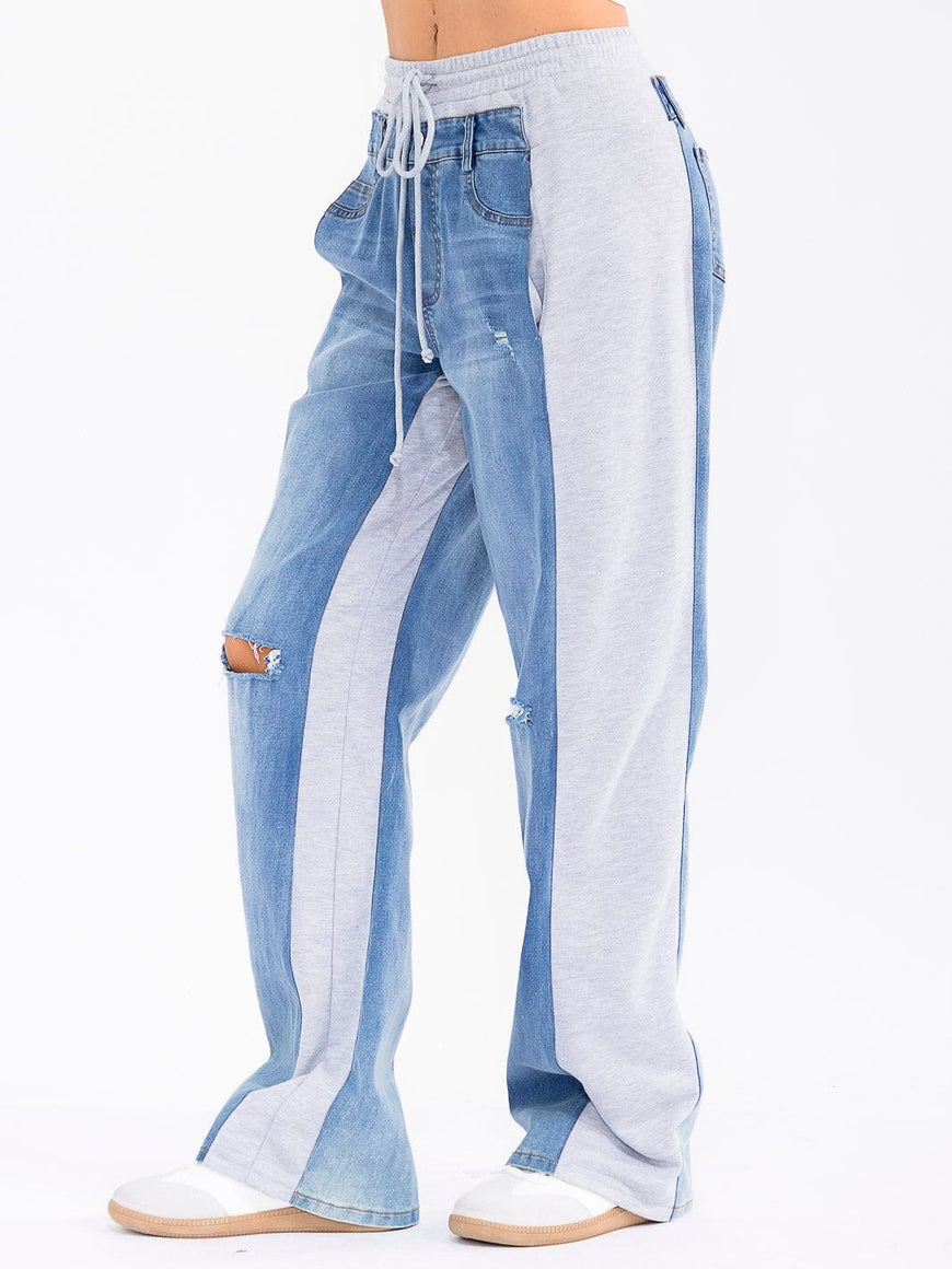 Boho Elastic Waist Pockets Distressed Contrast Wide-Leg Denim Pants