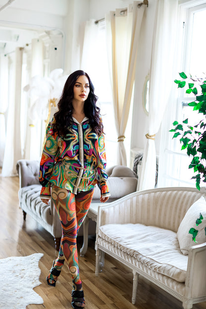 Button Down Shirt and Mesh Printed Scarf Leggings Set: Rule Breaker