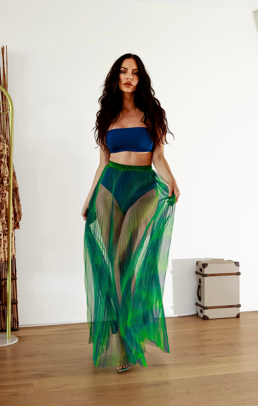 Diva Energy Rainbow Pleated Maxi Mesh Sheer Skirt & Bandeau Top Set