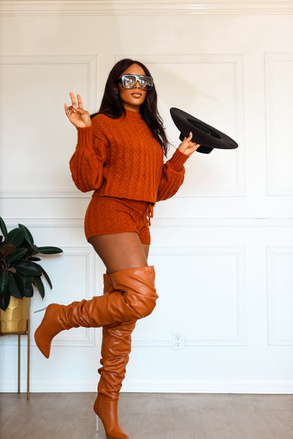 Knitted Shorts Set & Jumper: Hot to Handle Cable Knitted in Rust
