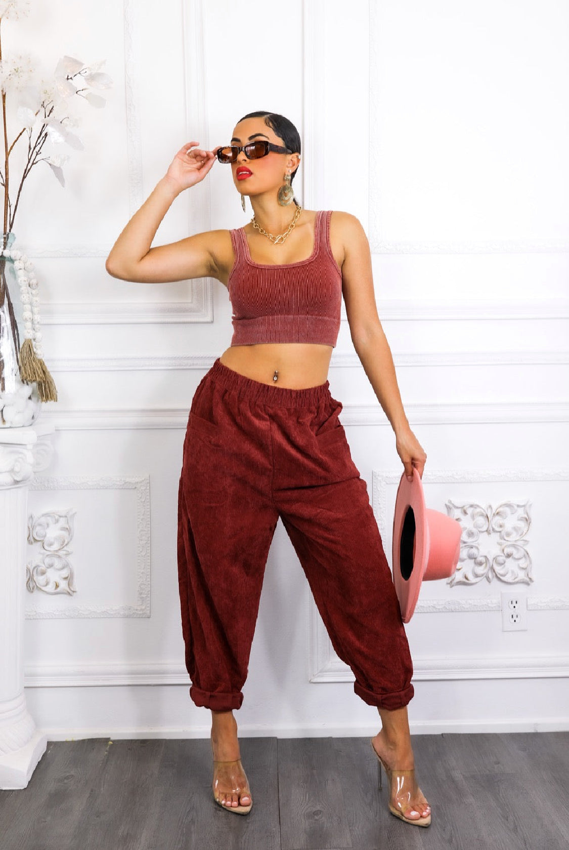 Purple Ribbed Cropped Top & Corduroy Pocket Front Pants Set: Hung Up On You
