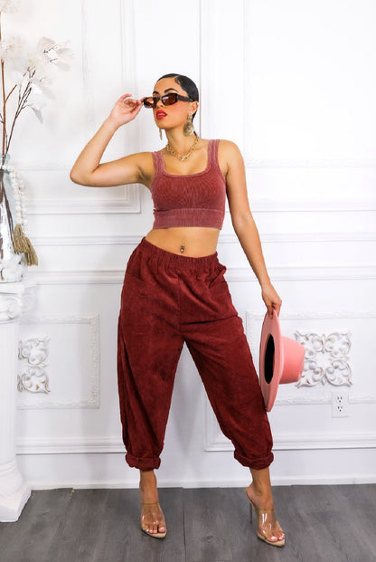 Purple Ribbed Cropped Top & Corduroy Pocket Front Pants Set: Hung Up On You
