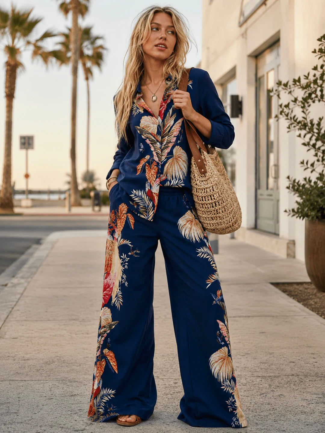 Tropical Leaf Wide Leg Pant Set: Ocean Aura