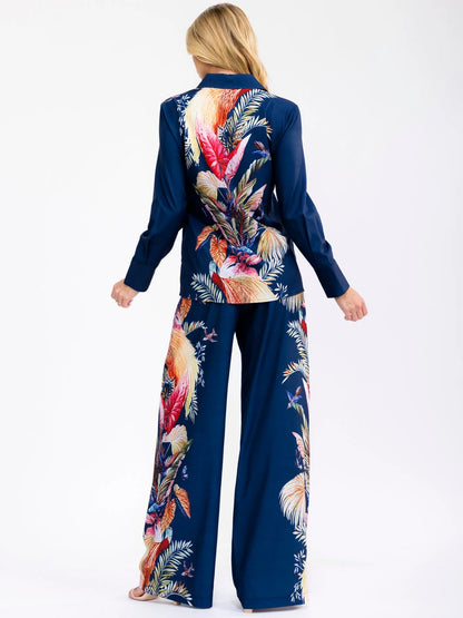 Tropical Leaf Wide Leg Pant Set: Ocean Aura