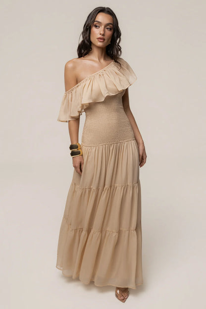 Off The-Shoulder Sand Smocked Maxi Dress: Seaside Drift