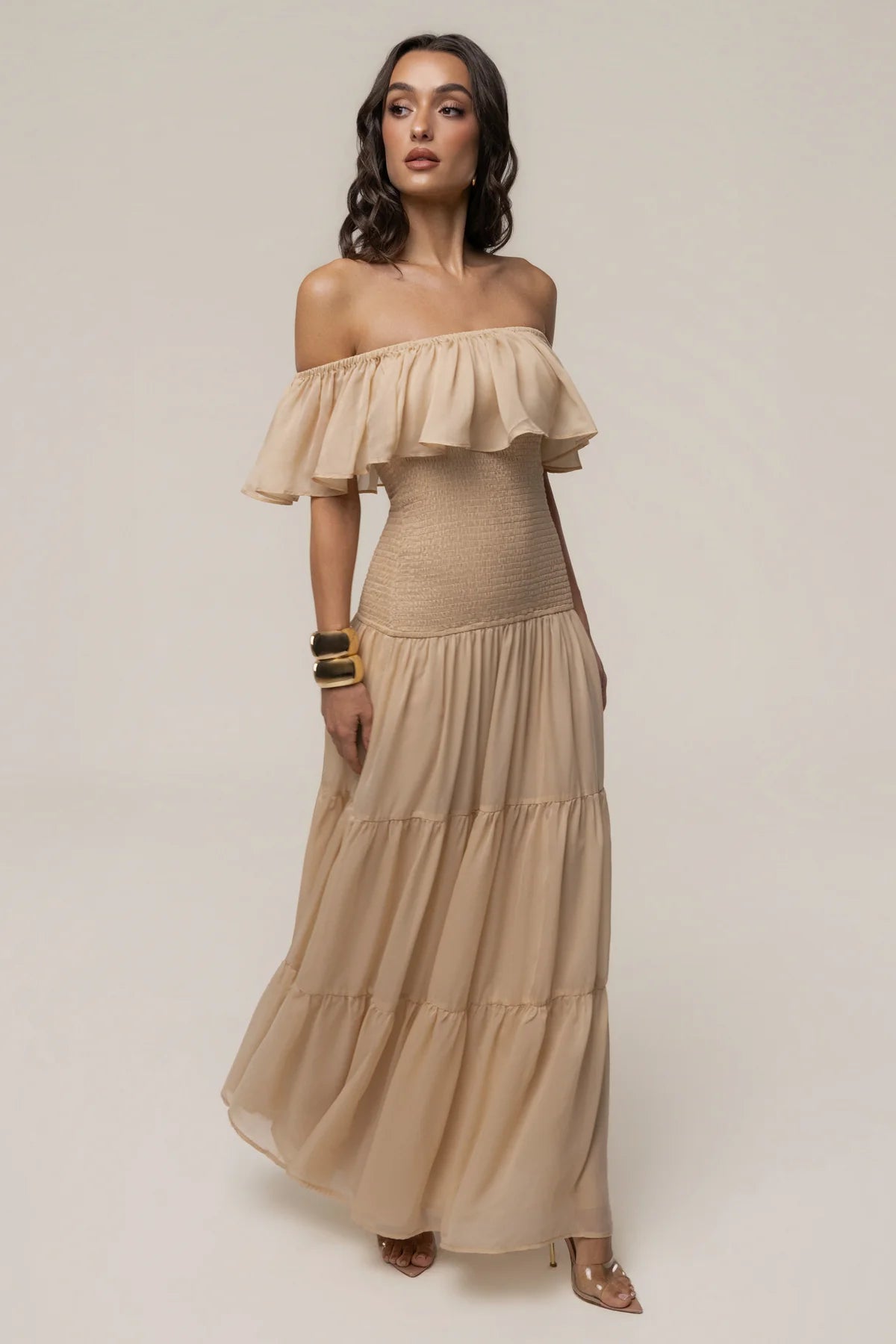 Off The-Shoulder Sand Smocked Maxi Dress: Seaside Drift