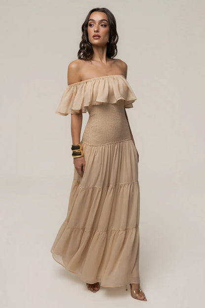 Off The-Shoulder Sand Smocked Maxi Dress: Seaside Drift