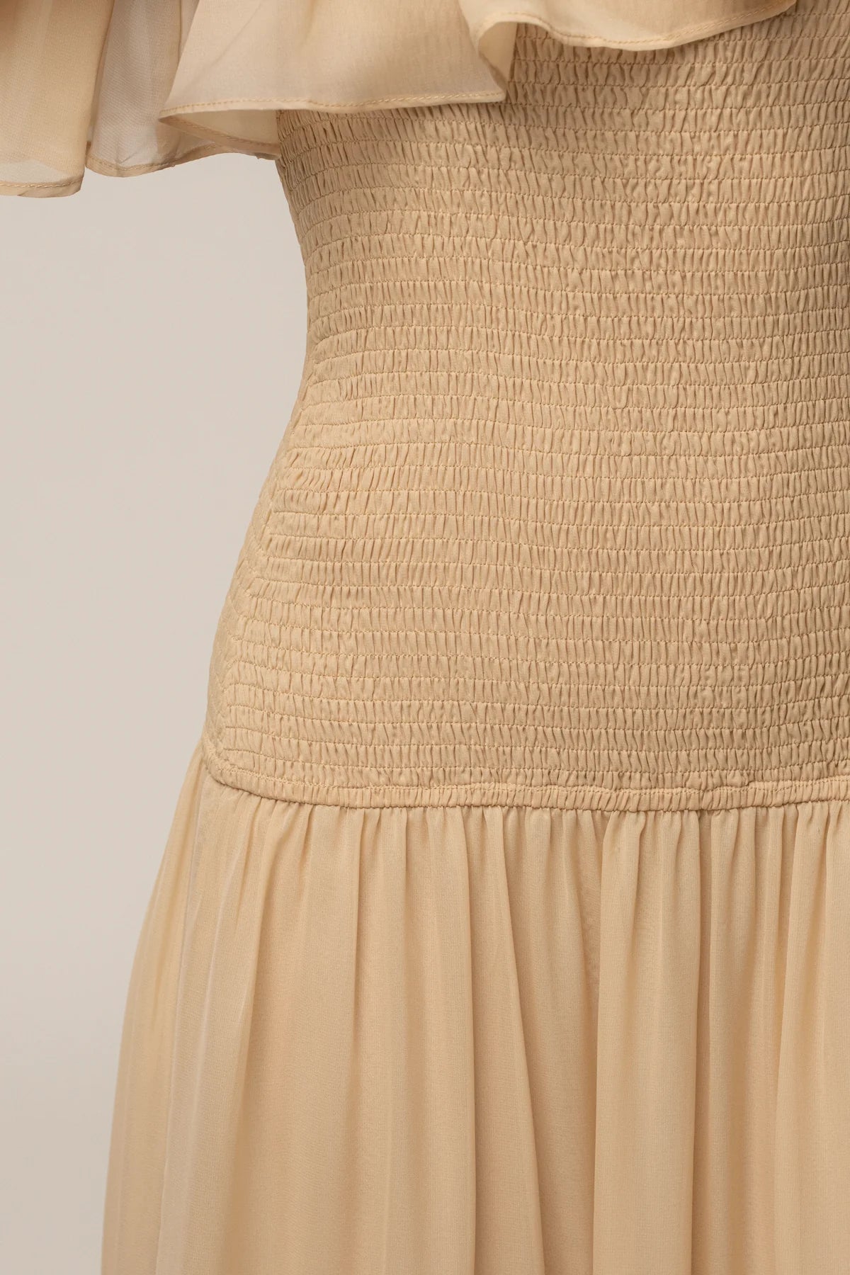 Off The-Shoulder Sand Smocked Maxi Dress: Seaside Drift