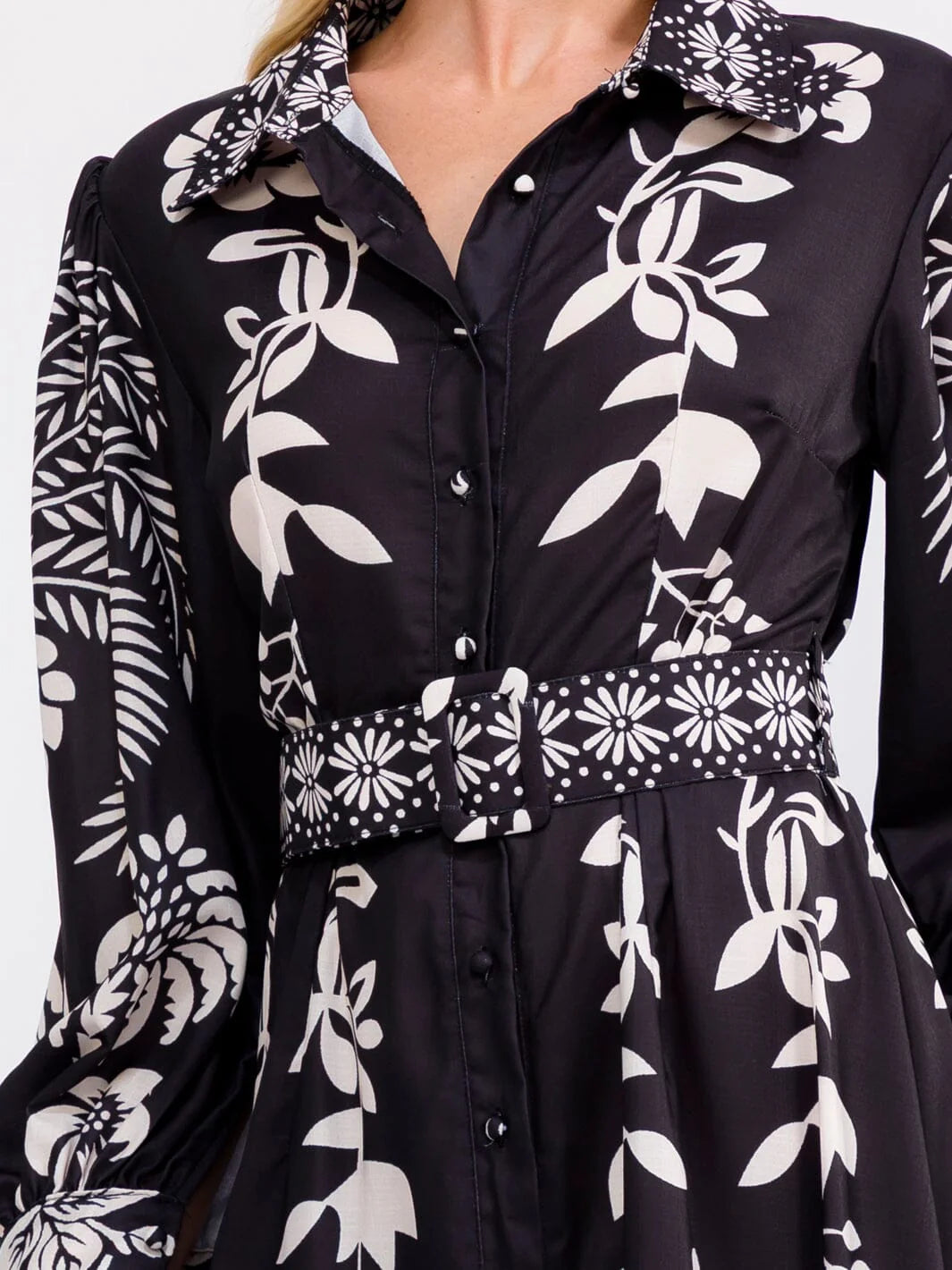 Long Sleeve Floral Maxi Dress : Tropic Tango | V-Neck Button-Up Belted Floral Print Maxi Dress