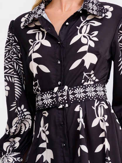 Long Sleeve Floral Maxi Dress : Tropic Tango | V-Neck Button-Up Belted Floral Print Maxi Dress