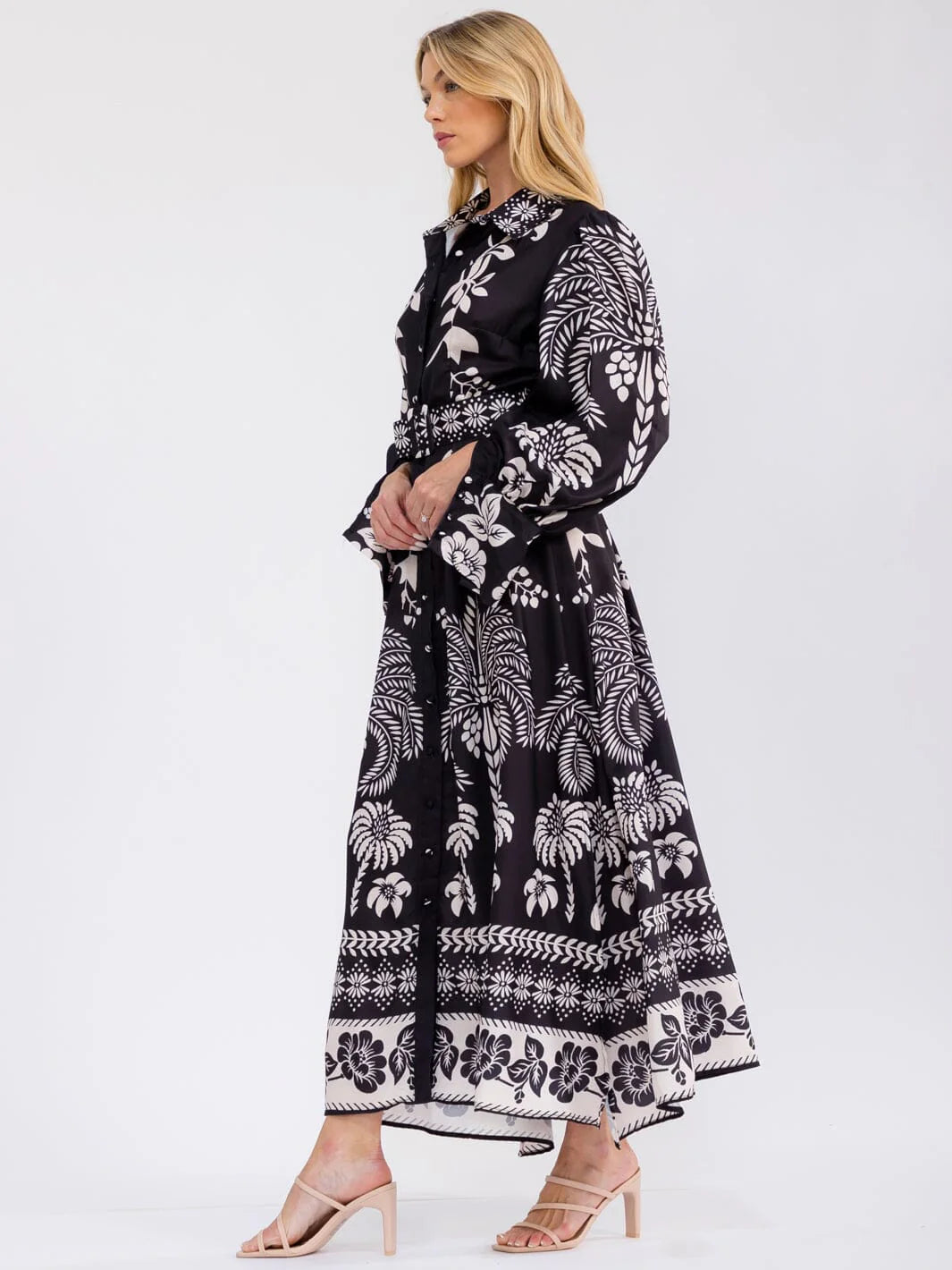 Long Sleeve Floral Maxi Dress : Tropic Tango | V-Neck Button-Up Belted Floral Print Maxi Dress