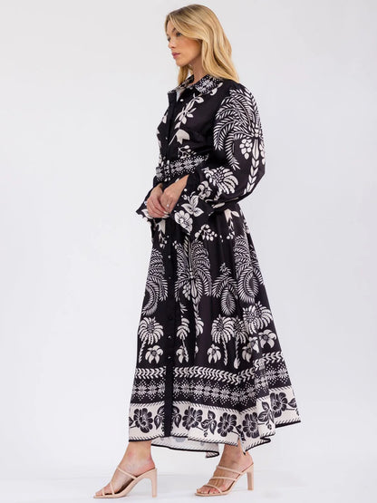 Long Sleeve Floral Maxi Dress : Tropic Tango | V-Neck Button-Up Belted Floral Print Maxi Dress