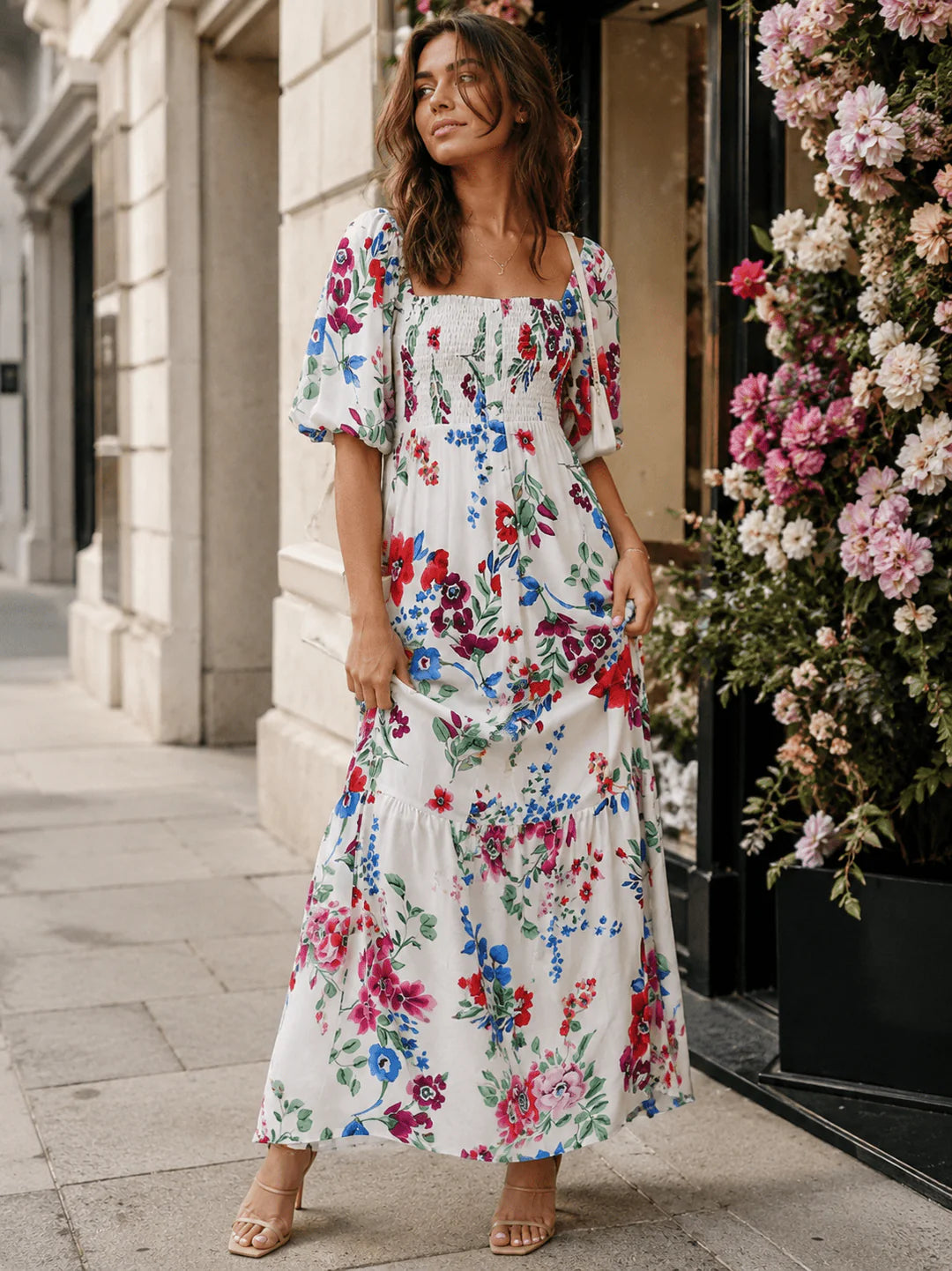 Floral Tiered Maxi Dress : Sweet Fantasy | Short Sleeve Square Neck Smocked Button-Up Maxi Dress