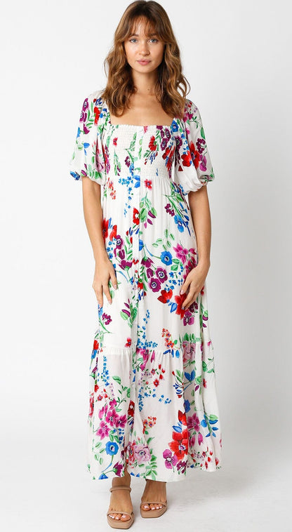 Floral Tiered Maxi Dress : Sweet Fantasy | Short Sleeve Square Neck Smocked Button-Up Maxi Dress