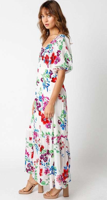 Floral Tiered Maxi Dress : Sweet Fantasy | Short Sleeve Square Neck Smocked Button-Up Maxi Dress