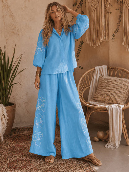 Floral Wide Leg Pants Set : Ocean Escape | 3/4 Sleeve Button-Up Blouse & Button-Closure Wide Leg Pants