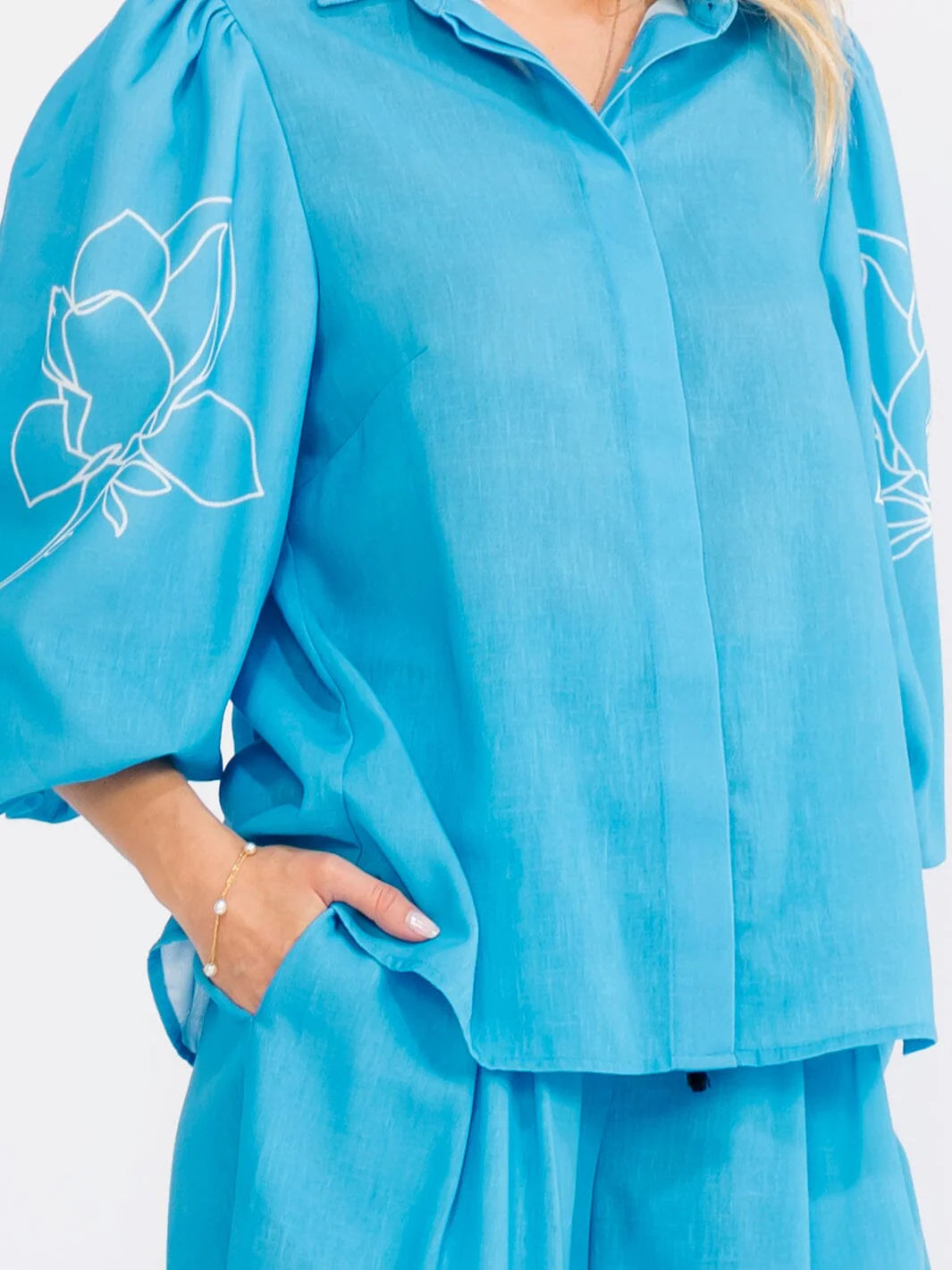 Floral Wide Leg Pants Set : Ocean Escape | 3/4 Sleeve Button-Up Blouse & Button-Closure Wide Leg Pants