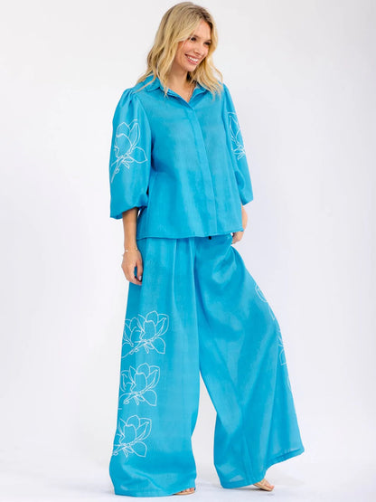 Floral Wide Leg Pants Set : Ocean Escape | 3/4 Sleeve Button-Up Blouse & Button-Closure Wide Leg Pants
