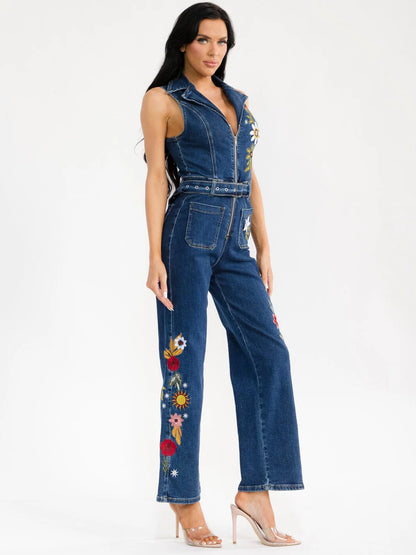 Embroidered Floral Denim Jumpsuit : Country Roads Wanderer