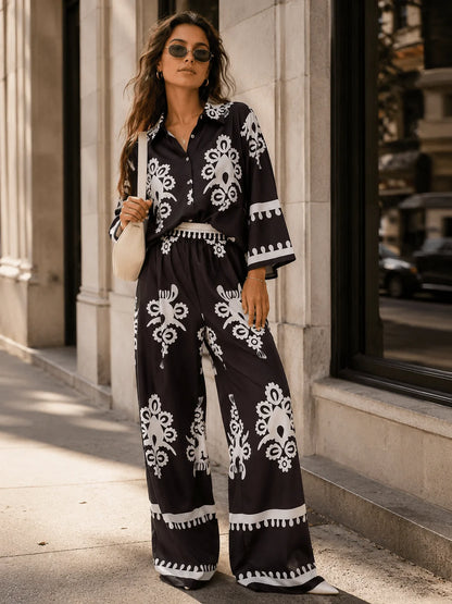 Wide Leg Print Pant Set : Seaside Whispers