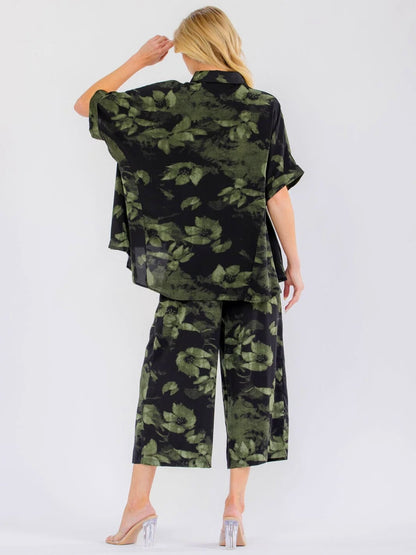 Short Sleeve Blouse & Elastic Waist Pockets Pants 2-Piece Set: Gone Wild Capri Colorblock Pants Set