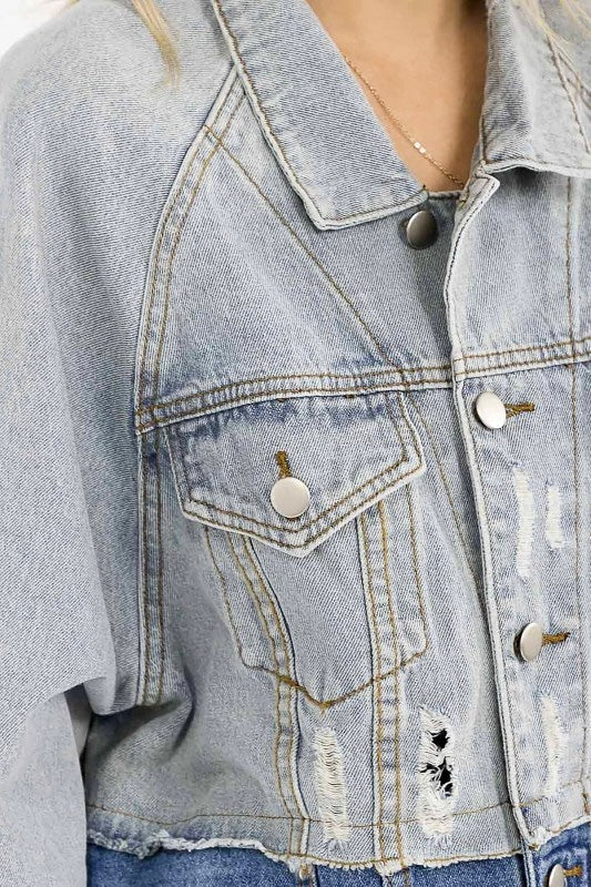 Split Decision Button Closure Pockets Two-Tone Denim Jacket