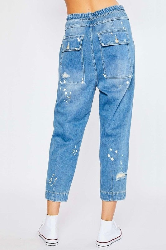 “Free People” Inspired Distressed Stretch Fit Balloon Paint Splash Denim Tapper Jean