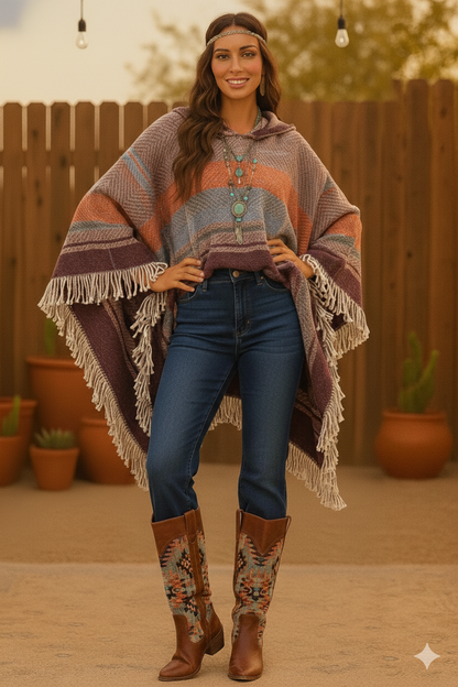 Boho Long Sleeve V-Neck Hooded Plaid Poncho Pullover