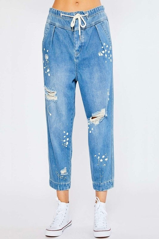 “Free People” Inspired Distressed Stretch Fit Balloon Paint Splash Denim Tapper Jean