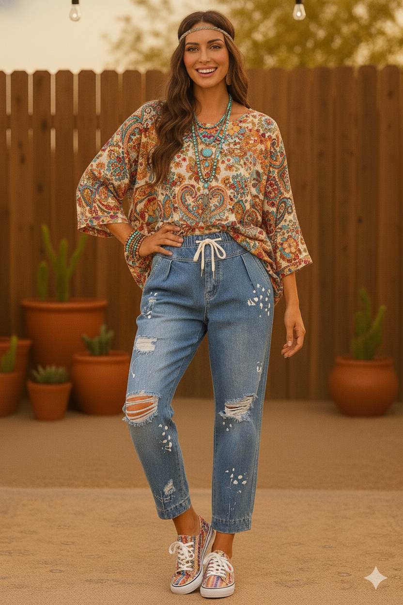 “Free People” Inspired Distressed Stretch Fit Balloon Paint Splash Denim Tapper Jean