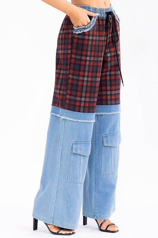 Boho Elastic Waist Pocket Plaid Contrast Denim Wide-Leg Pants