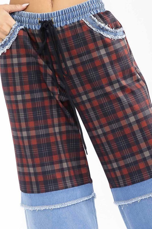 Boho Elastic Waist Pocket Plaid Contrast Denim Wide-Leg Pants