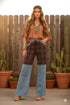Boho Elastic Waist Pocket Plaid Contrast Denim Wide-Leg Pants
