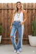 Boho Elastic Waist Pockets Distressed Contrast Wide-Leg Denim Pants