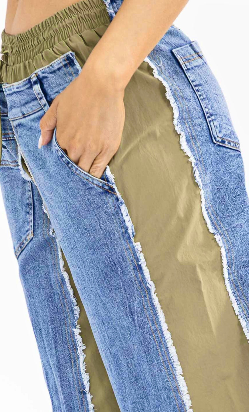 Boho Elastic Waist Pocket Denim Contrast Wide-Leg Denim Pants