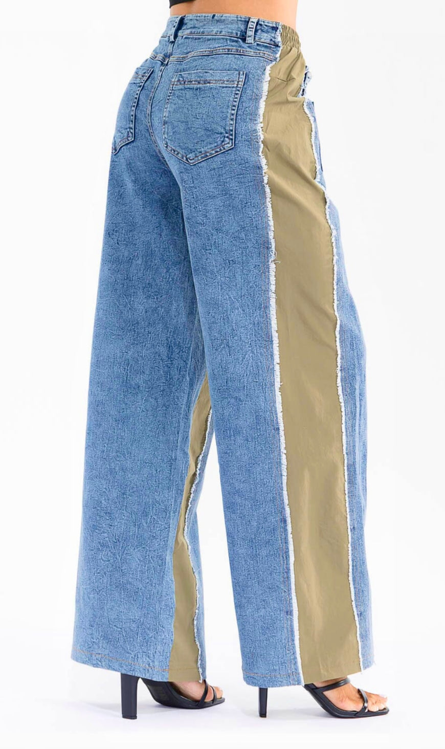 Boho Elastic Waist Pocket Denim Contrast Wide-Leg Denim Pants